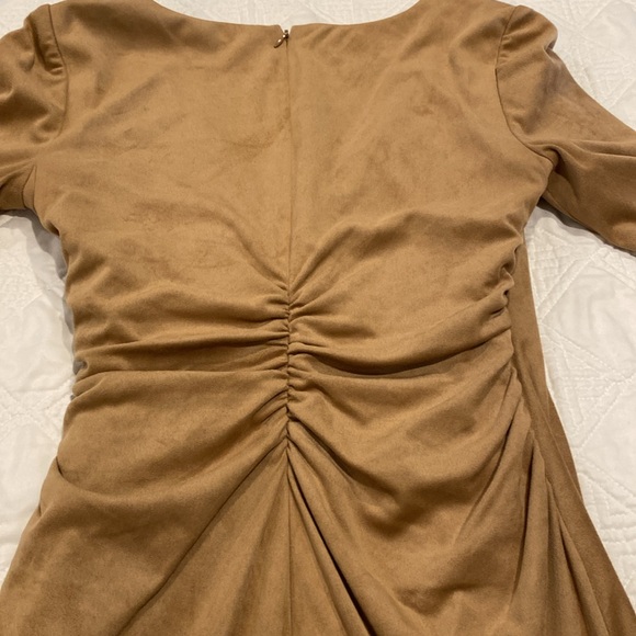 Kay Unger Tan Micro Suede Midi Dress- Faux wrap with decorative side zipper - Picture 15 of 15